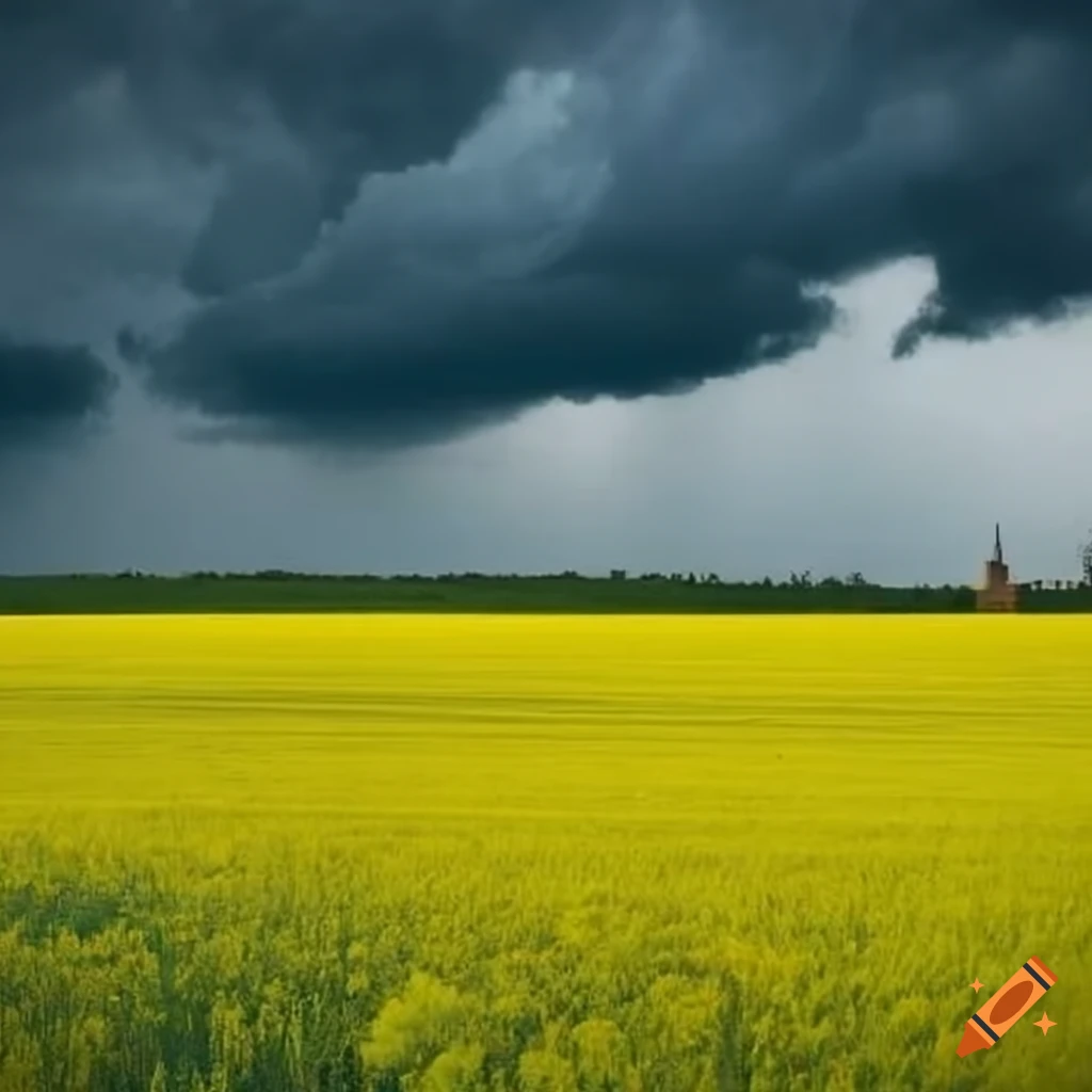 Stormy sky over a canola field with a building in the background