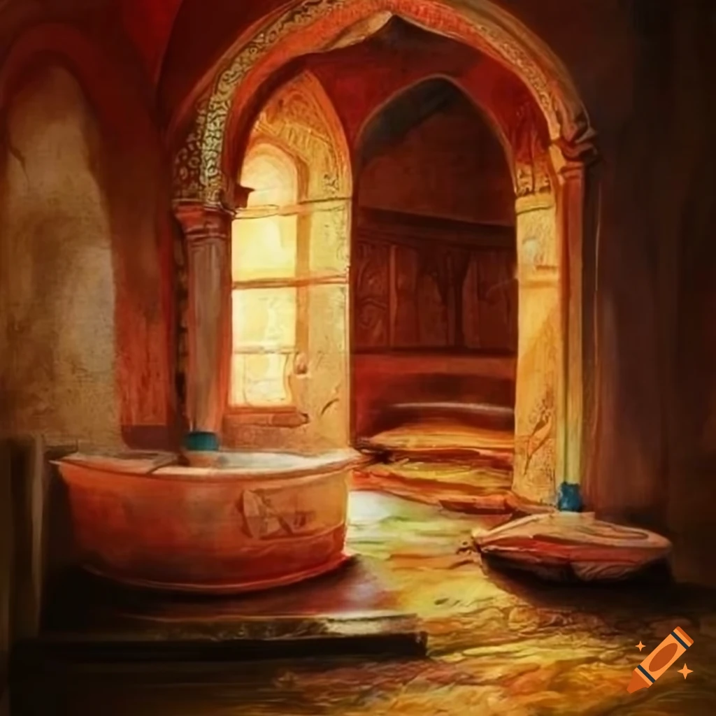 Detailed photorealistic Ottoman Hammam Turkish bath scene in colored pencil