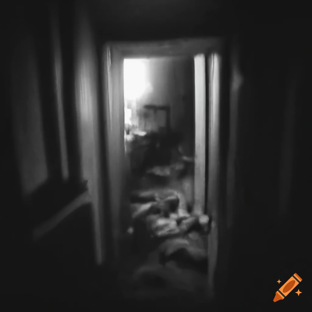 Large creature stuck in doorway inside liminal house at night in VHS style