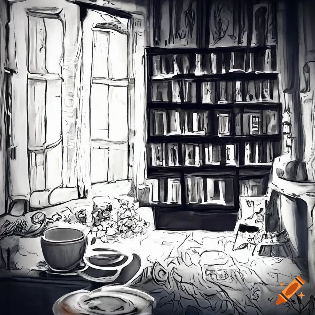 Intimate corner nook in a quaint bookshop with coffee, bay window view in black and white drawing