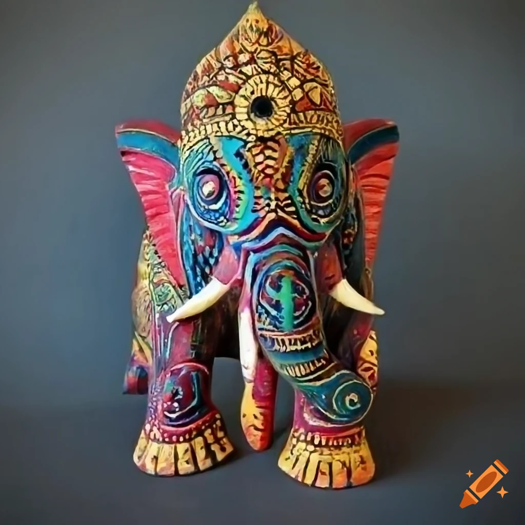 Wooden Balinese elephant with colorful markings