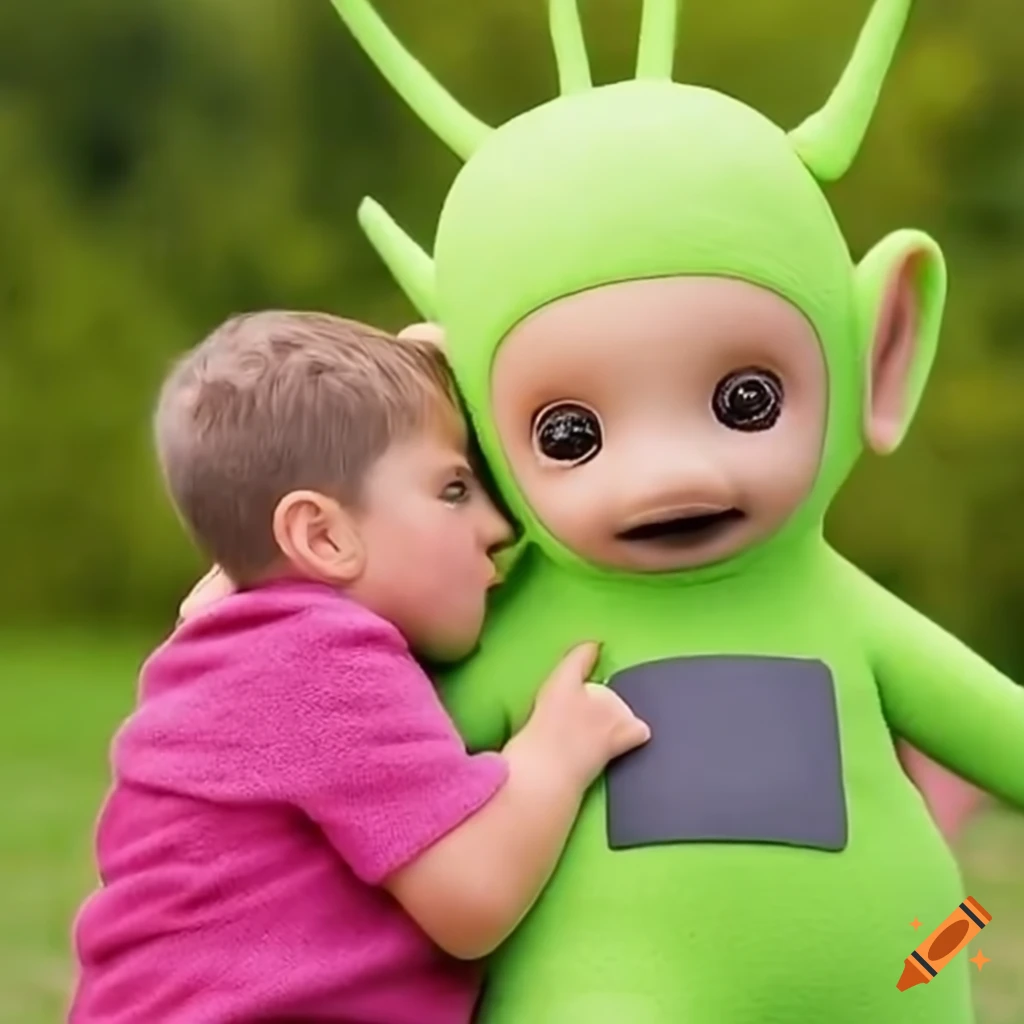 Female teletubby offering to carry a boy piggyback