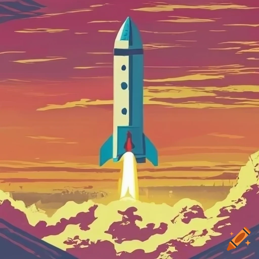 Retro-style propaganda poster with a soaring rocket in the sky