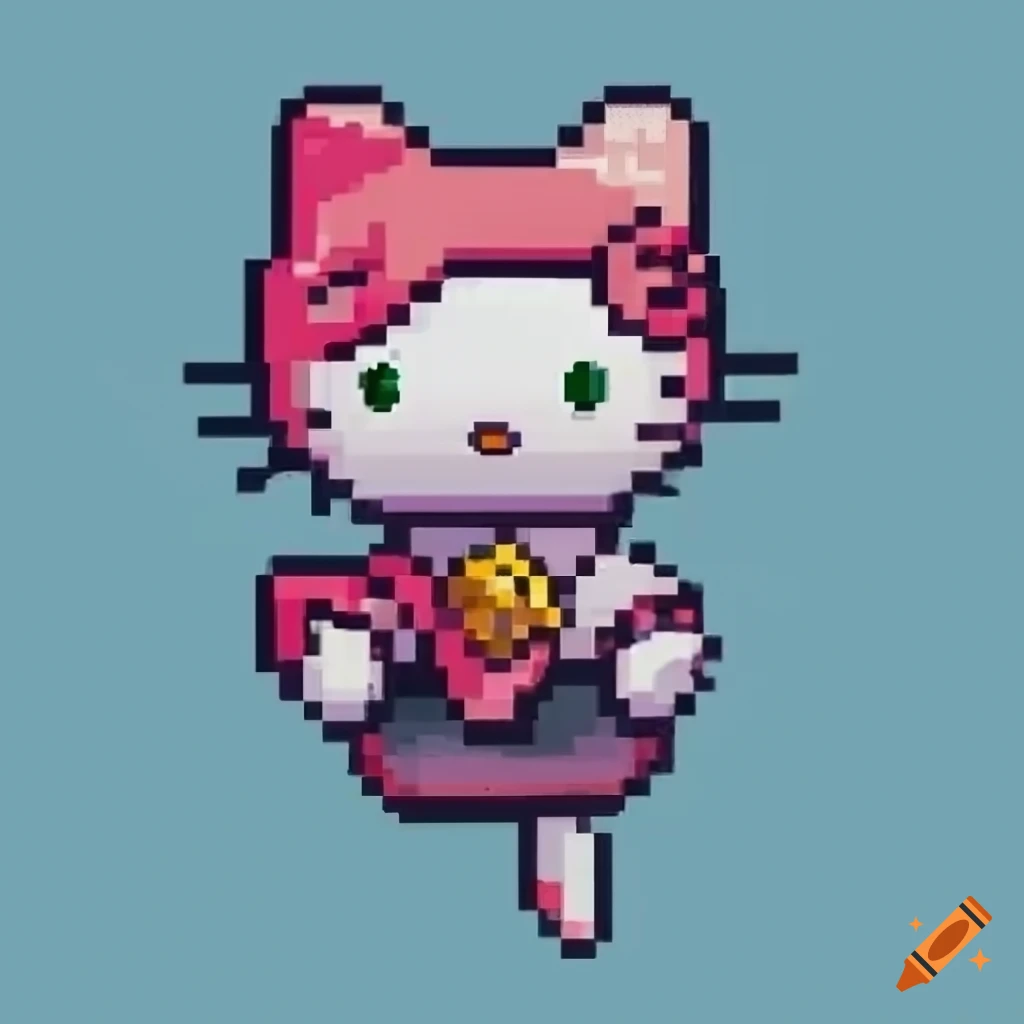Pixel art of Asian Hello Kitty jumping in NES-inspired style