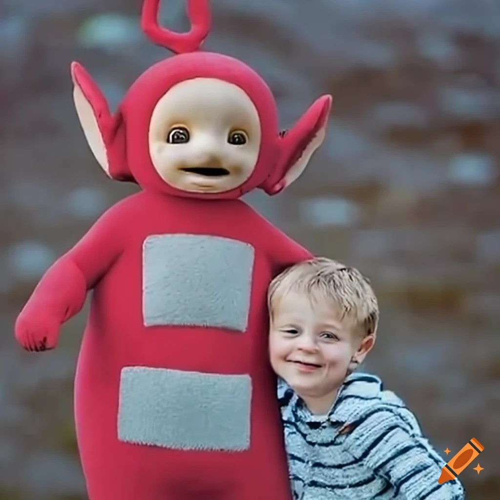 Female teletubby offering a piggyback ride to a boy