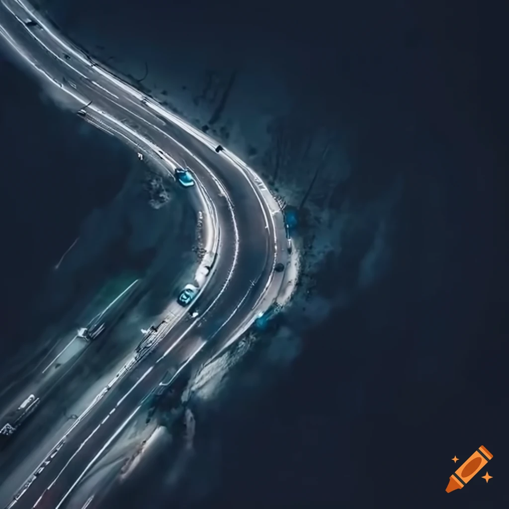 Aerial view of a darkened highway during a power outage with cars stopped in contrasting positions