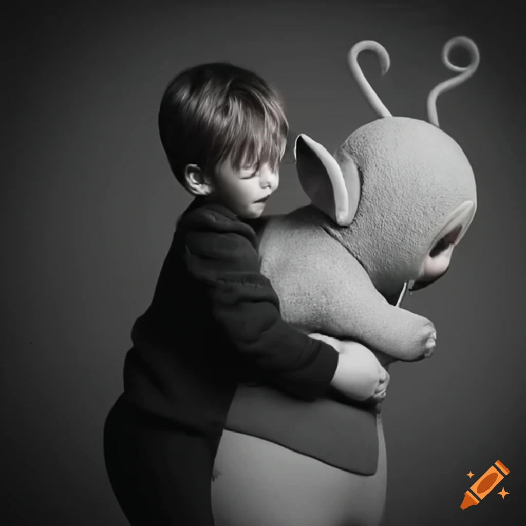 Female teletubby offering piggyback ride to a boy