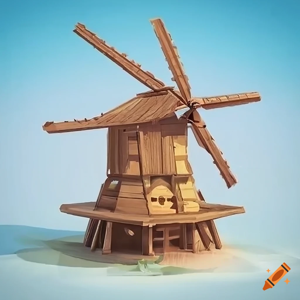 Anime-style one-storey wooden windmill with high detail