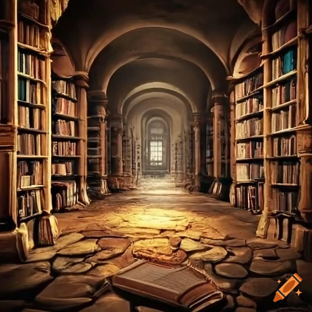 Remote cave library with ancient books and stone floor