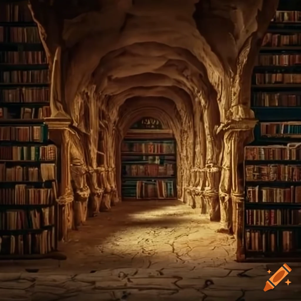 Remote cave library with ancient books on rough stone floor