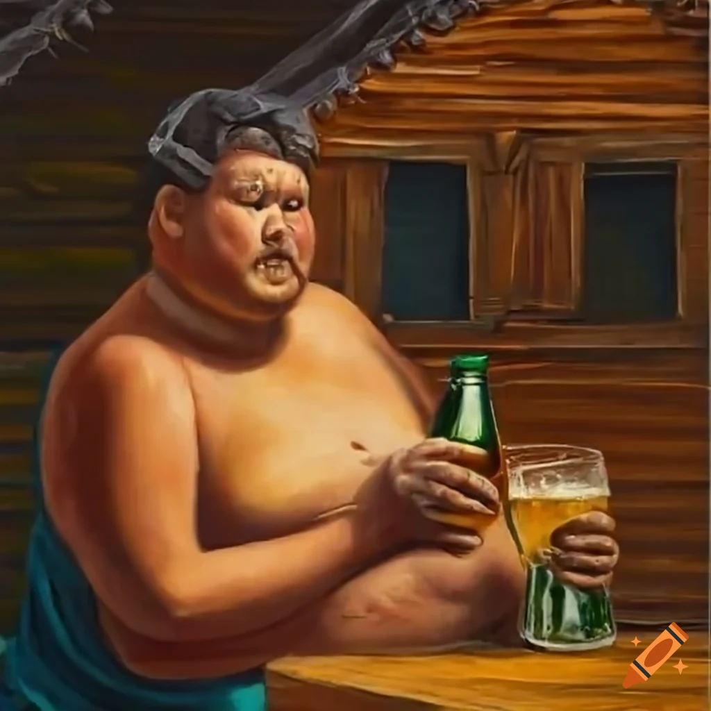 Man enjoying beer in front of wooden hut