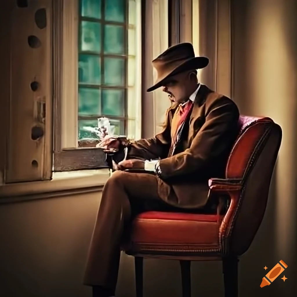 Man smoking in a 1920s mansion with garden view