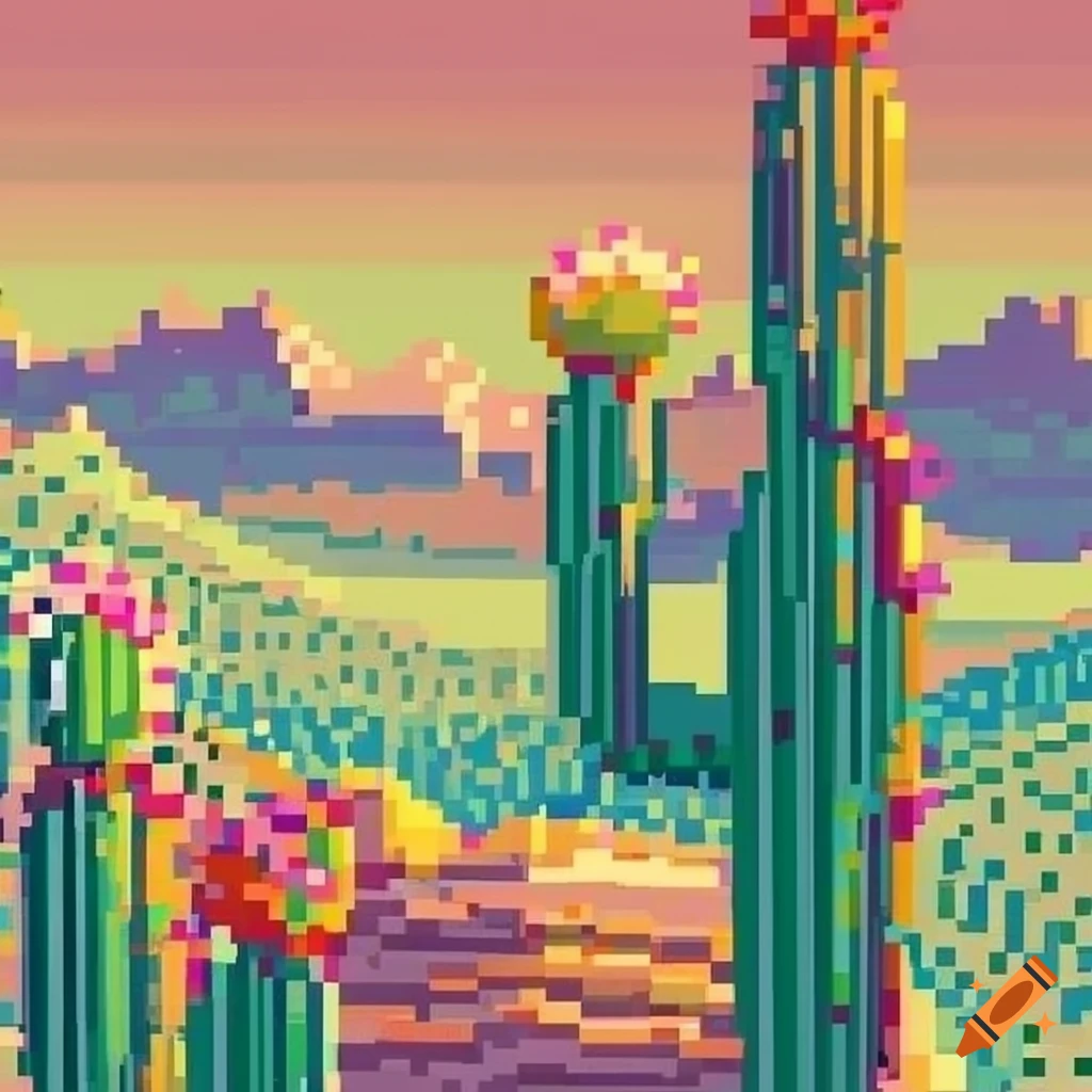 Pixel art desert landscape with cactus, flowers, and mountains