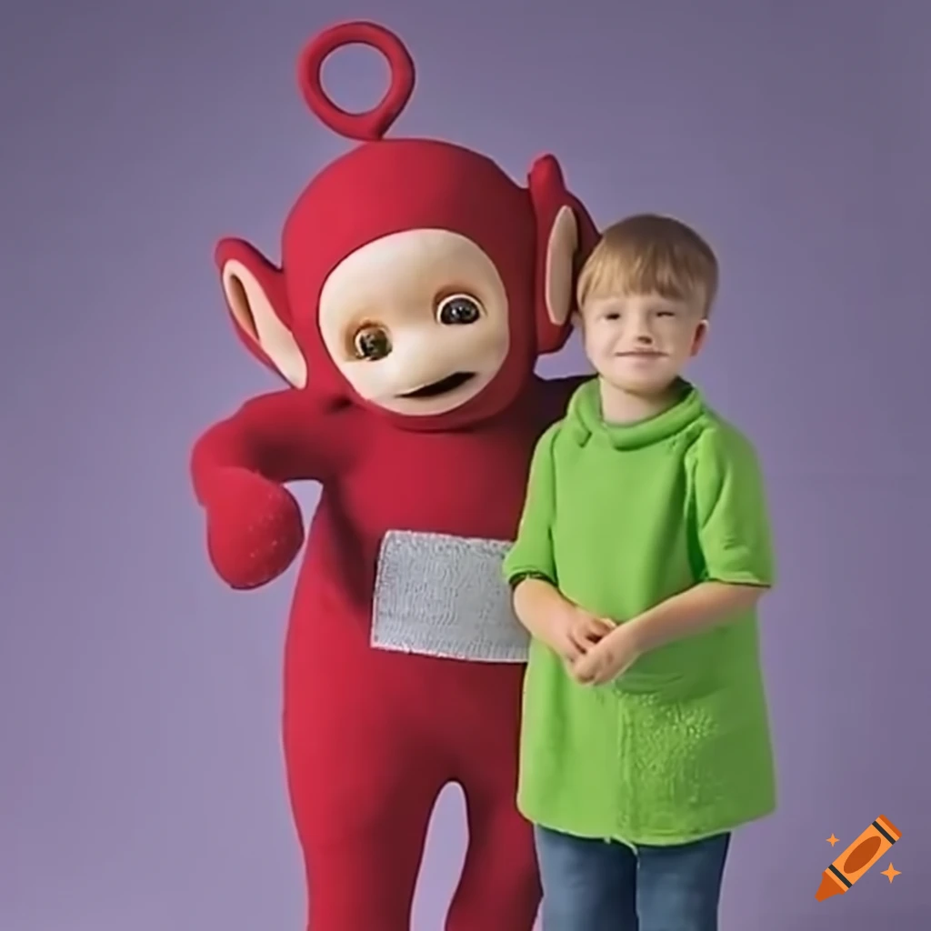 Female teletubby offering a piggyback ride to a boy