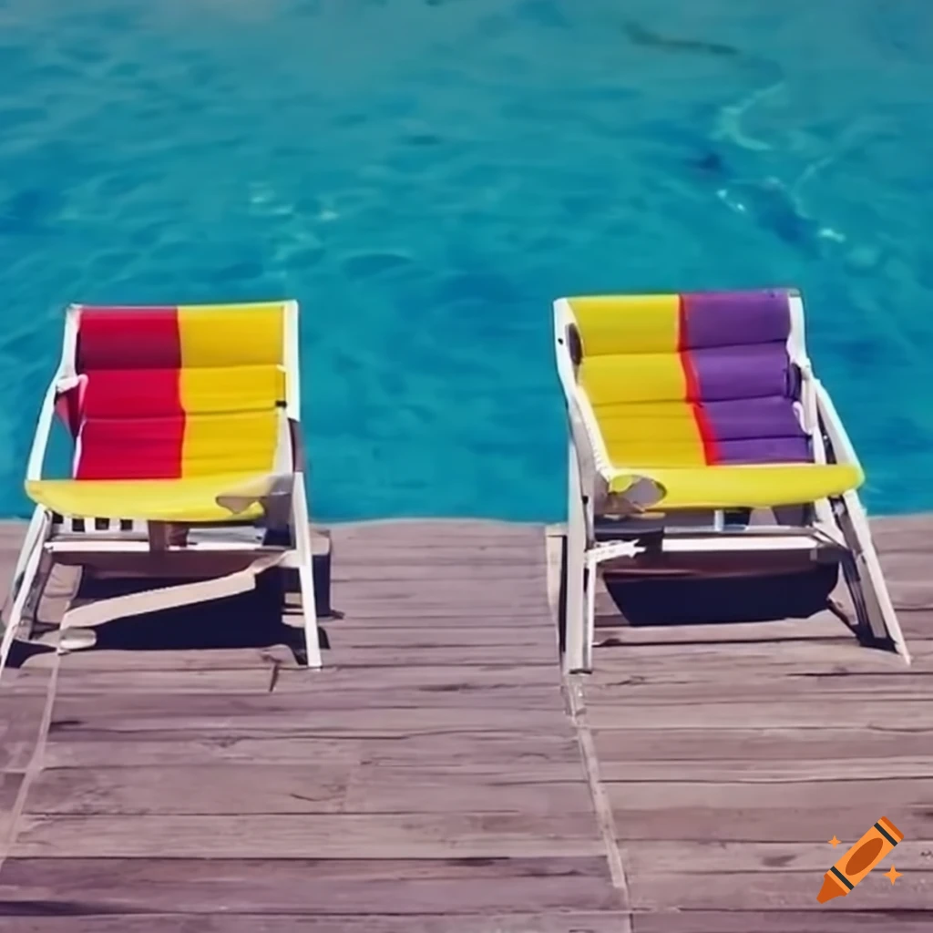 Colorful and bright public pool chairs under the sun