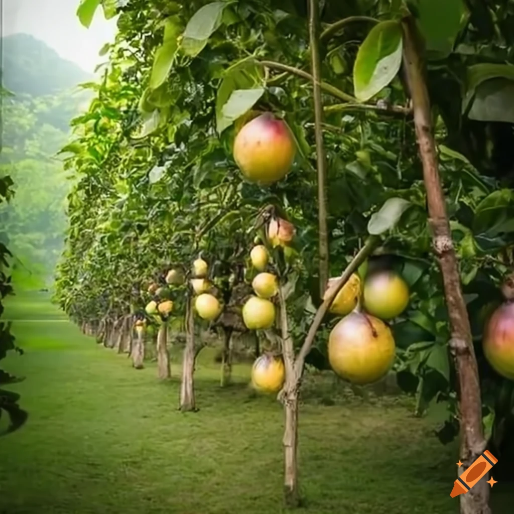 Passion fruit farm with ripe fruits hanging from vines on Craiyon