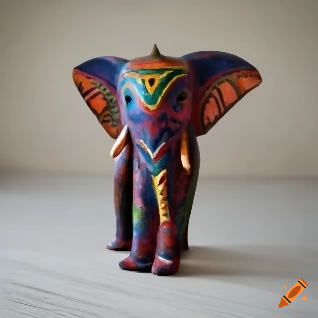 Wooden elephant with colorful markings in primitive Bali style