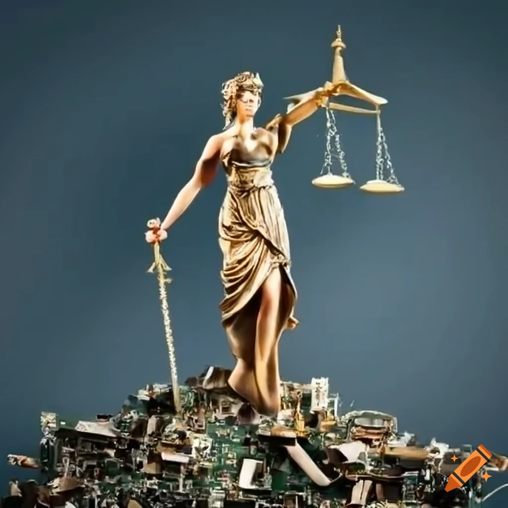 Lady Justice standing on dismantled computer parts with scales of justice