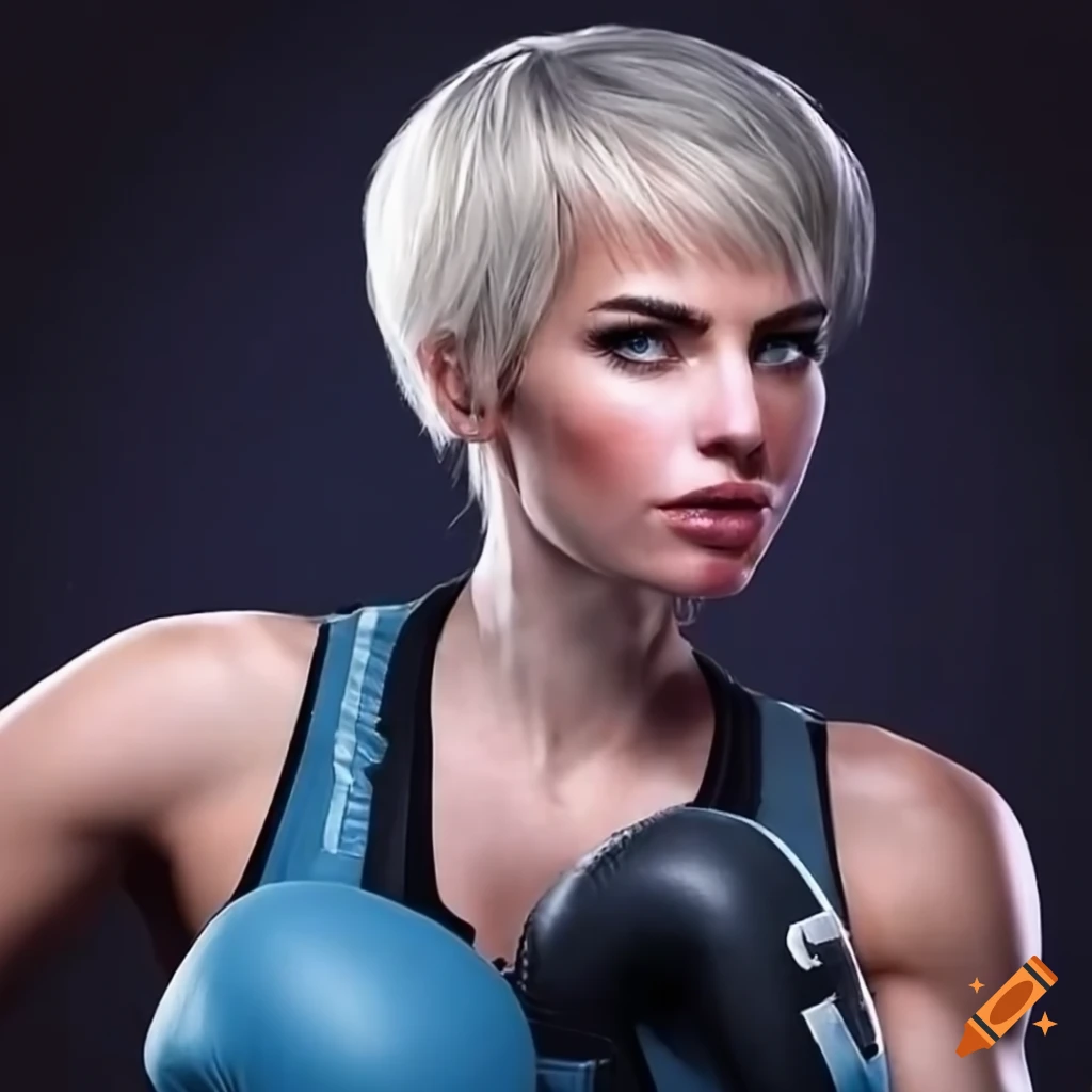Sporty 30-year-old woman with short blonde hair and boxing gloves