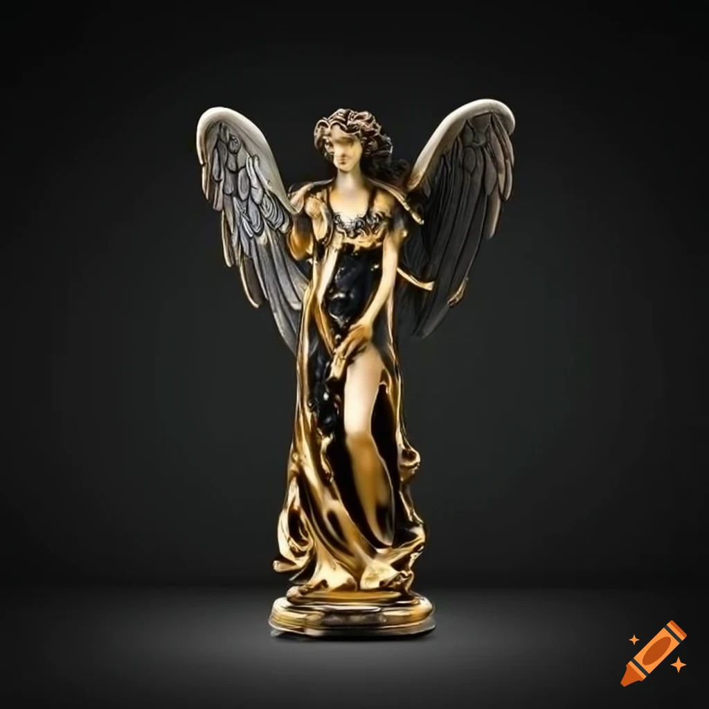 Luxury black and gold marble with black angel statue on black background