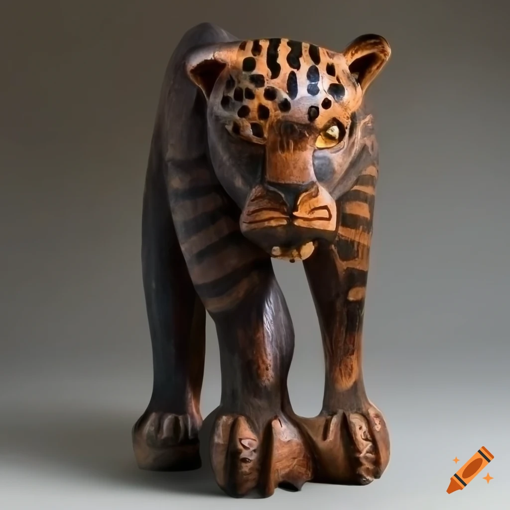 Wooden panther, jaguar, and tiger in dark matte finish, Bali primitive
