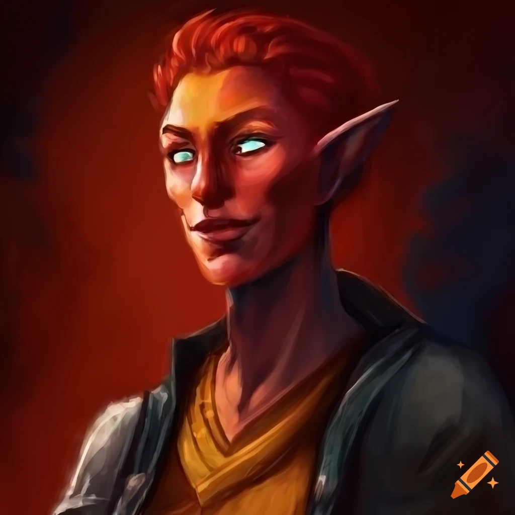 Fire Genasi sorcerer with red skin and tunic