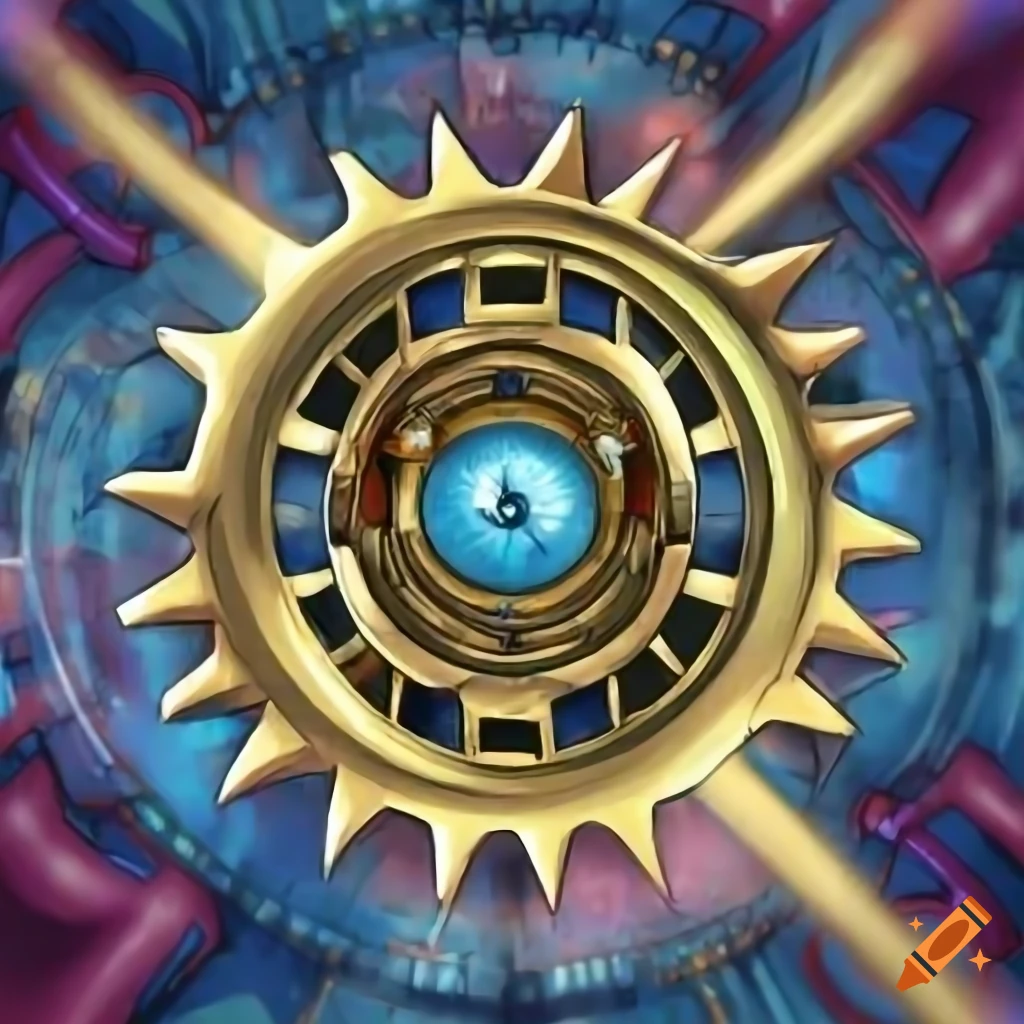 Golden gear with a baby blue eye in a clock tower yugioh art style