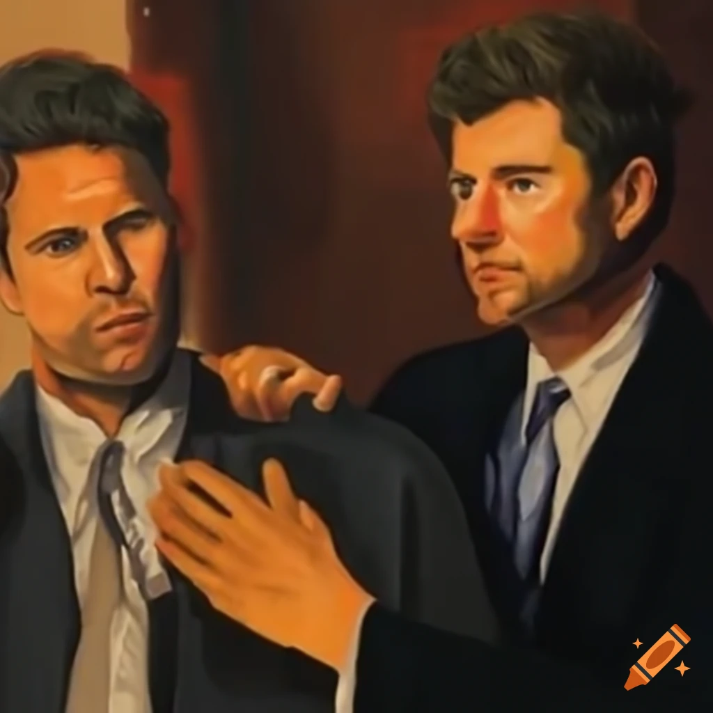 Shawn spencer and carlton lassiter embracing in a cozy office scene on