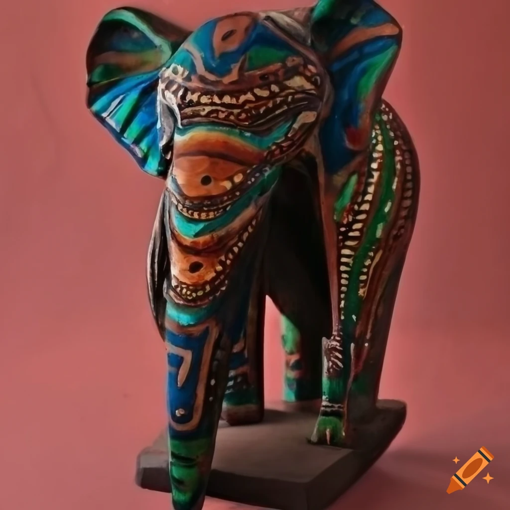 Wooden elephant with colorful markings in Bali primitive art style
