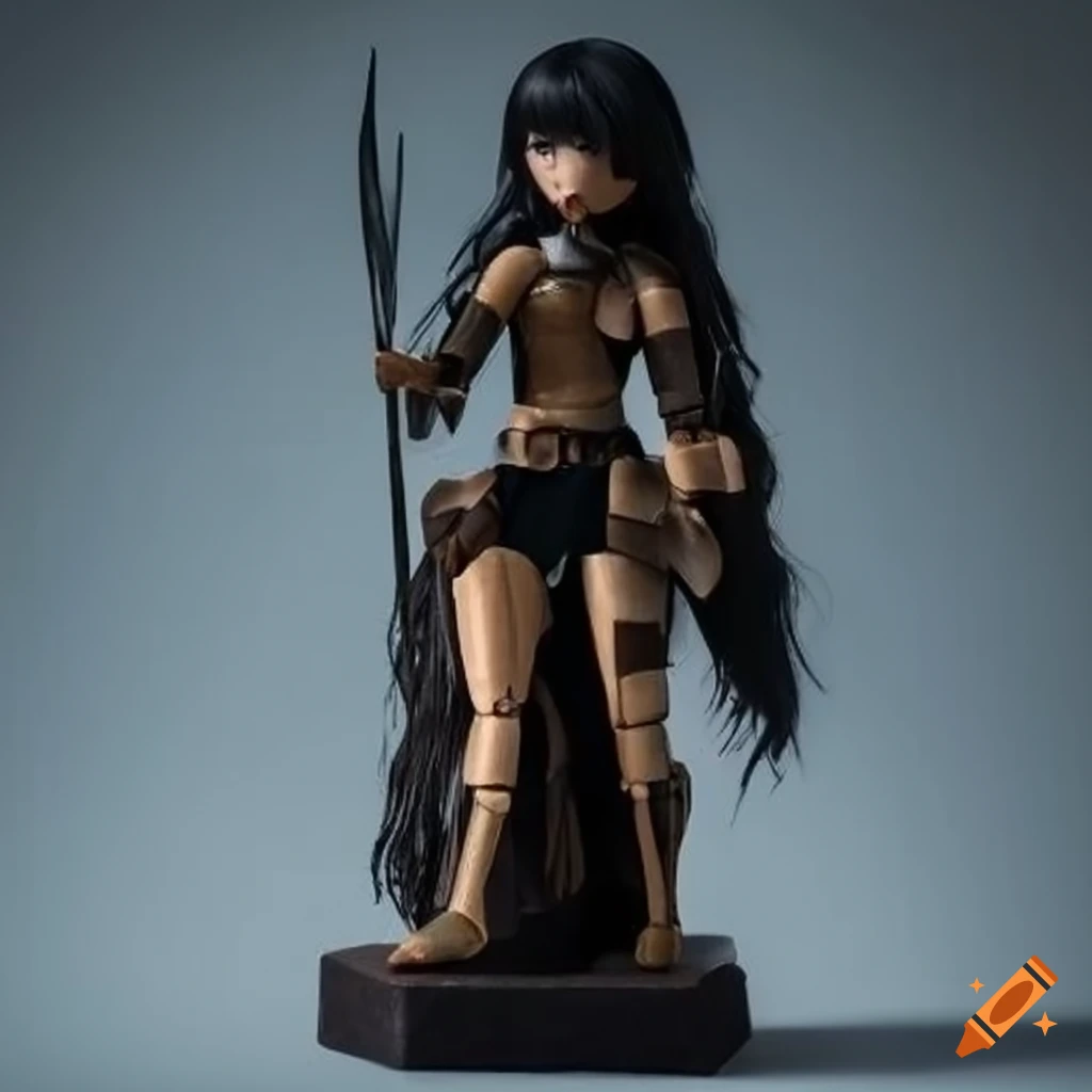 Wooden figurine of an armored heroine with long black hair