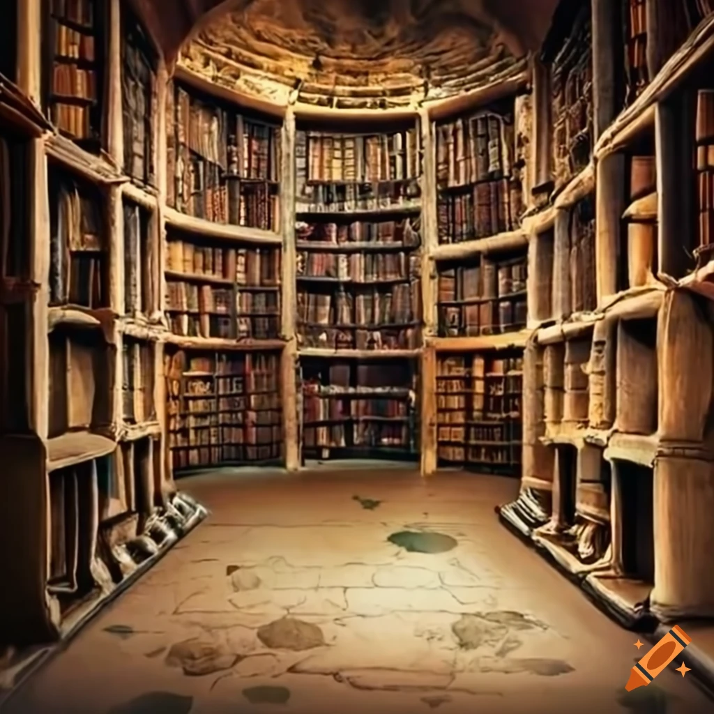 Remote cave library with ancient books on rough stone floor