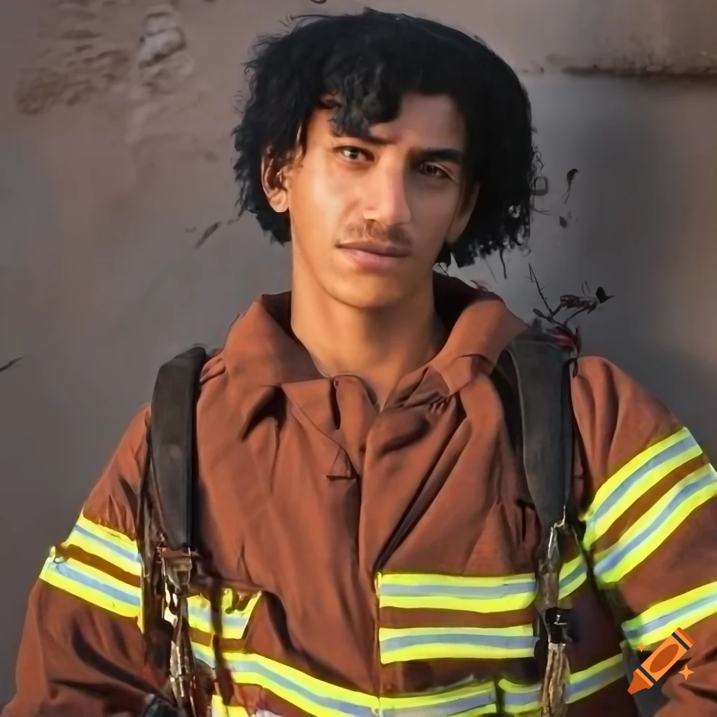 Humanoid men with Arabic features in firemen uniforms on a firetruck in a coastal city