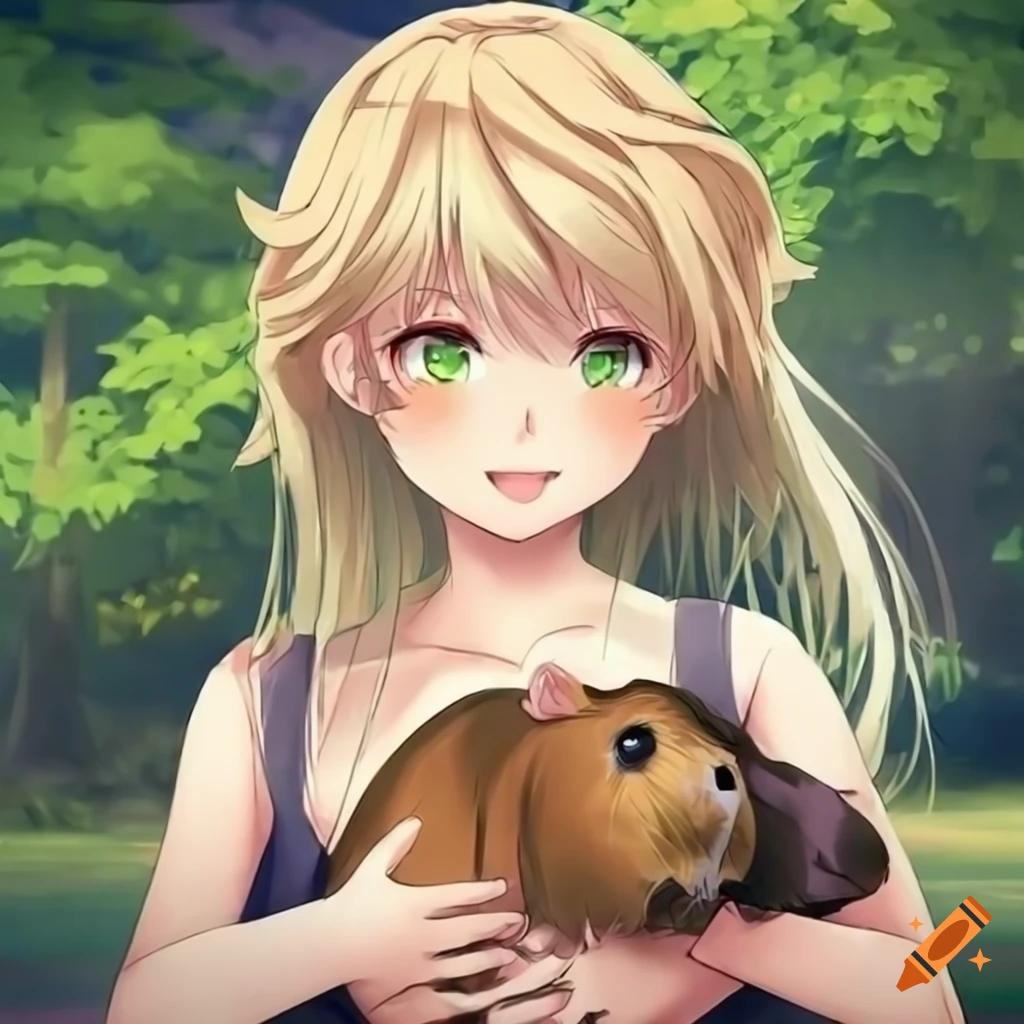 Anime girl with blond hair and green eyes holding a guinea pig outdoors
