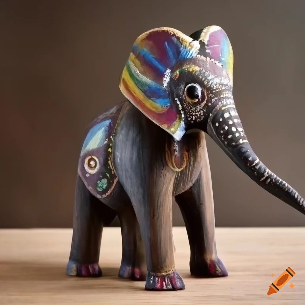 Wooden elephant with colorful markings in Bali primitive art style