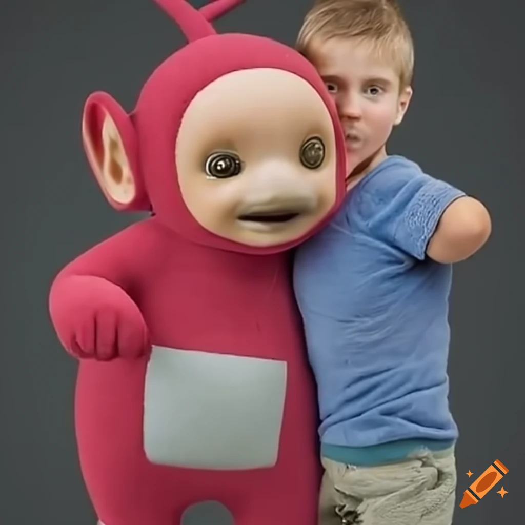 Female teletubby offering to carry a boy piggyback