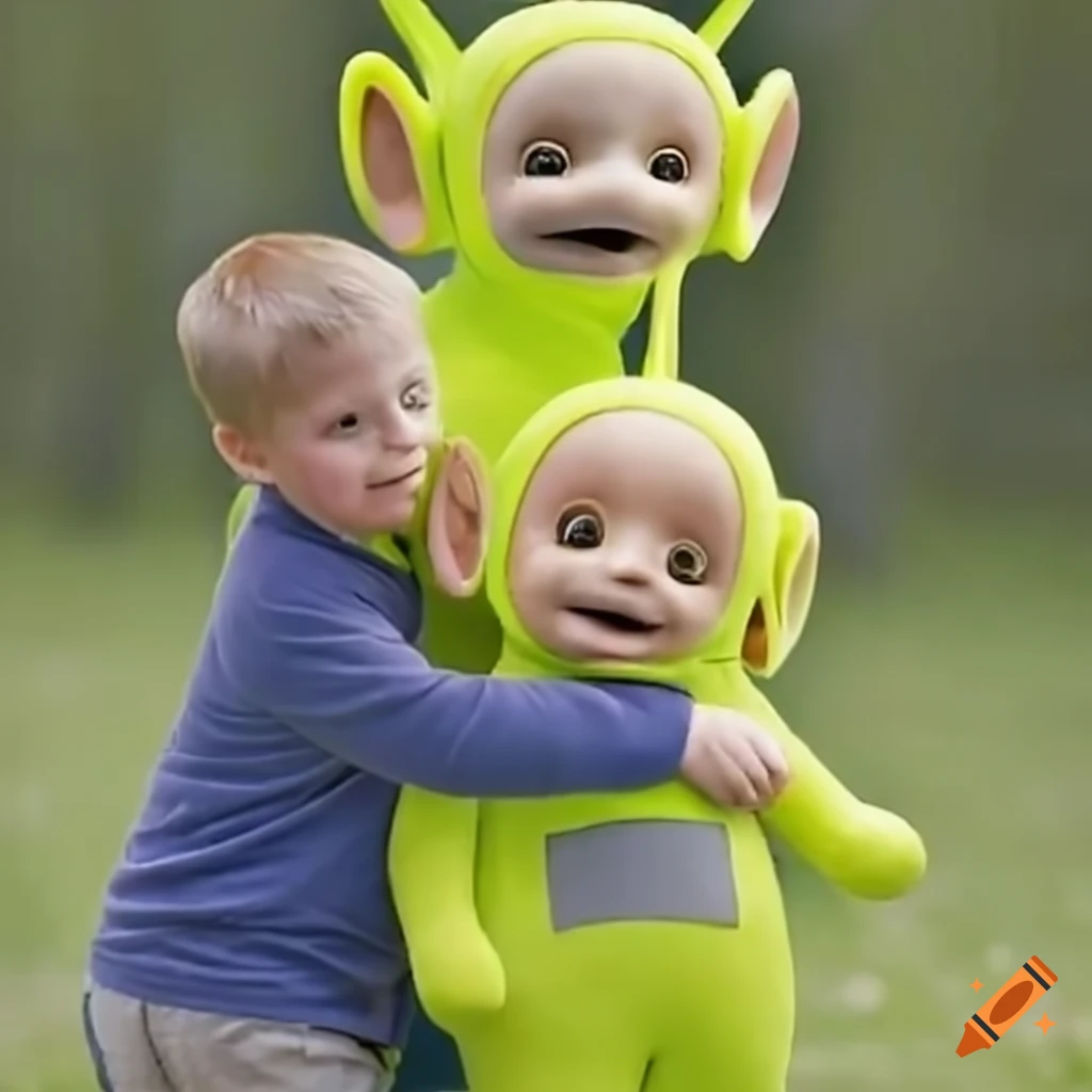 Female Teletubby offering a piggyback ride to a boy