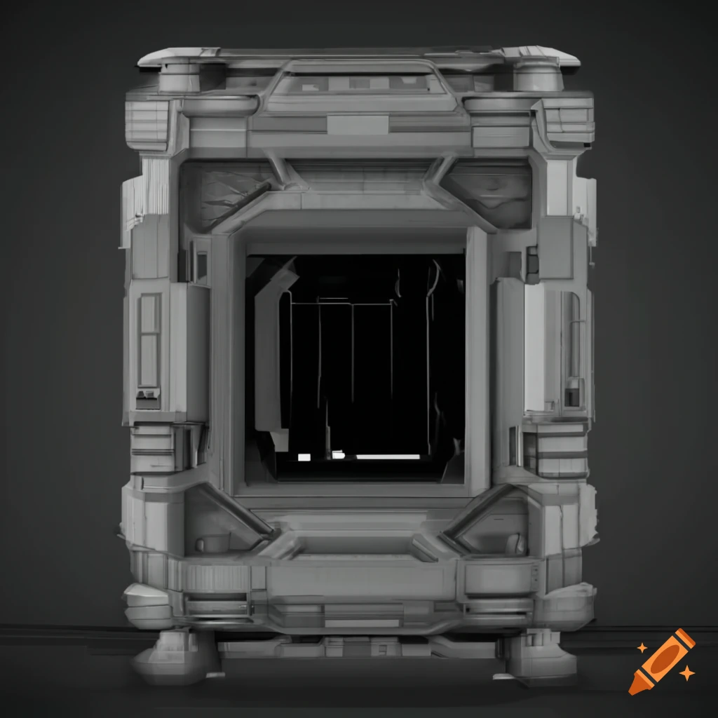 Front view of a futuristic sci-fi crate in grayscale