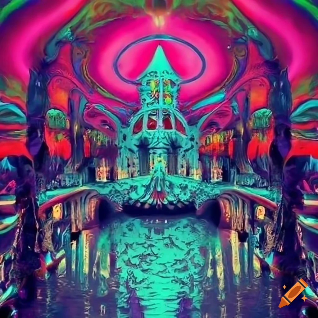 Psychedelic trippy scene with surreal steam punk architecture on Craiyon