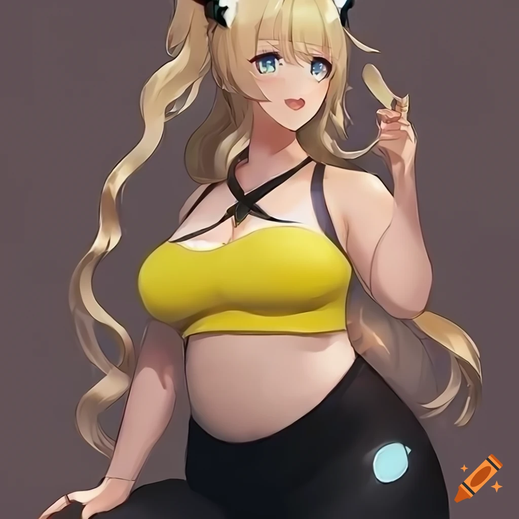 Chubby plus-size girl with cat ears and wavy blonde hair in yellow crop top