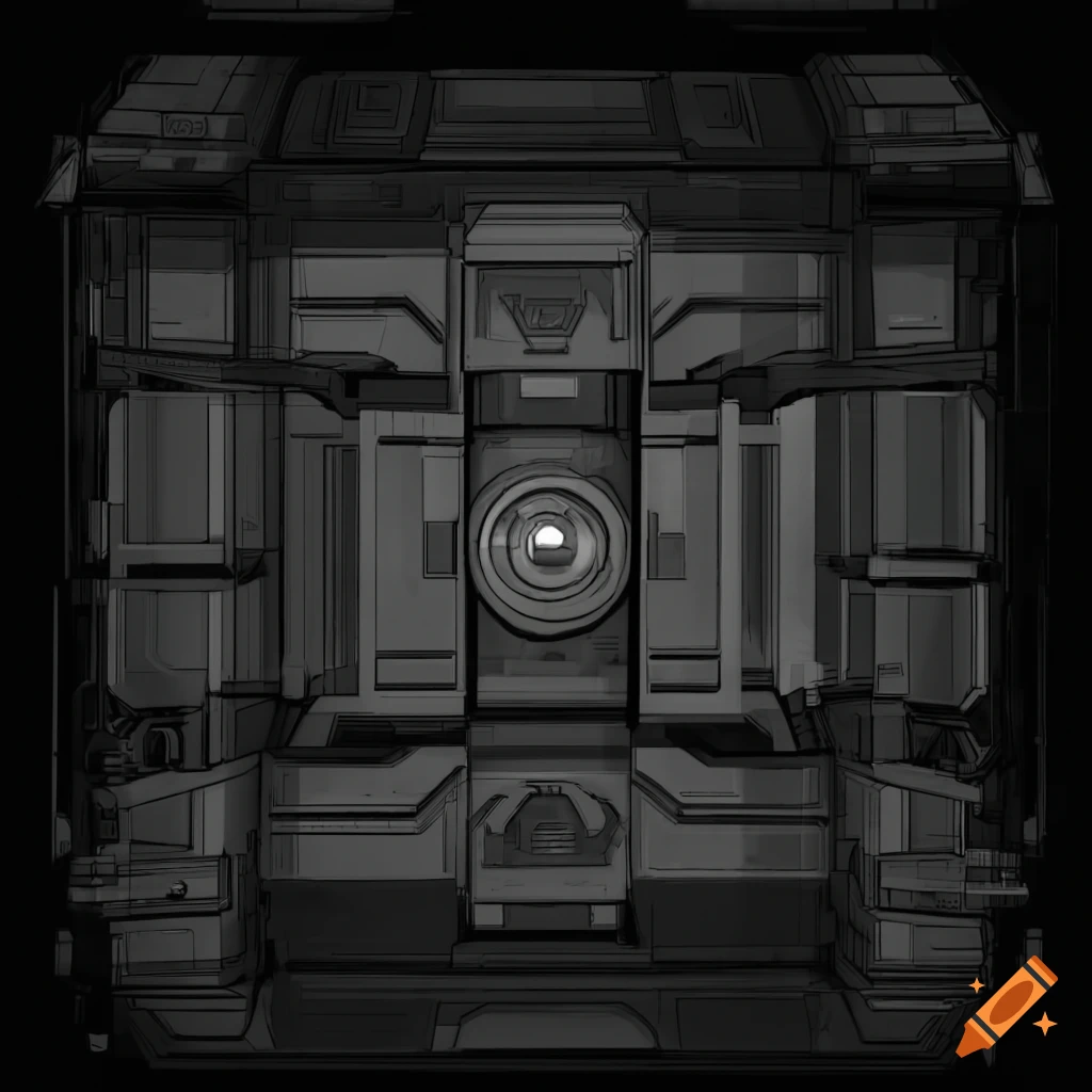 Front view of a futuristic sci-fi generator in grayscale