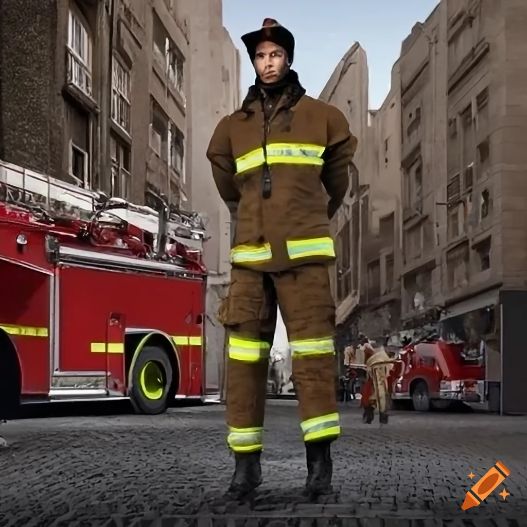 Humanoid men with Arabic features in firemen uniforms on a firetruck in a coastal city