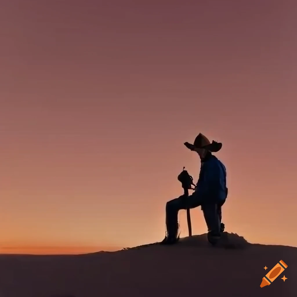 Cowboy silhouette at sunset in vast desert landscape with colliding planets in the sky