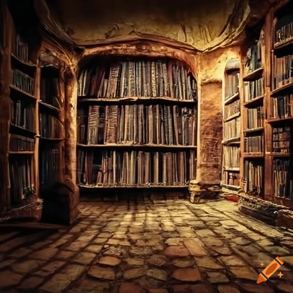 Remote cave library with ancient books on rough stone floor