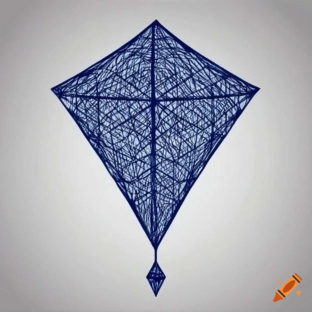 Blueprint of a diamond-shaped kite with string and weight
