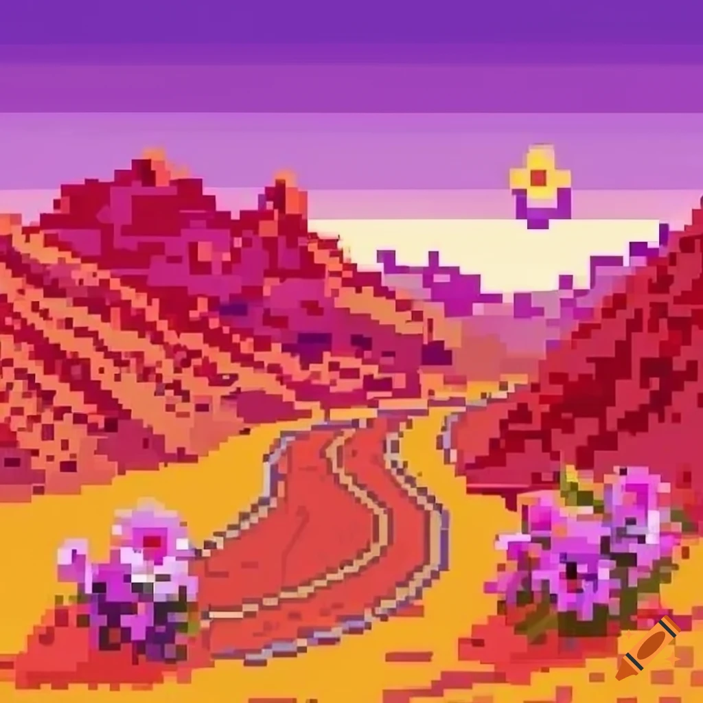 Pixel art desert landscape with cactus, flowers, and mountains