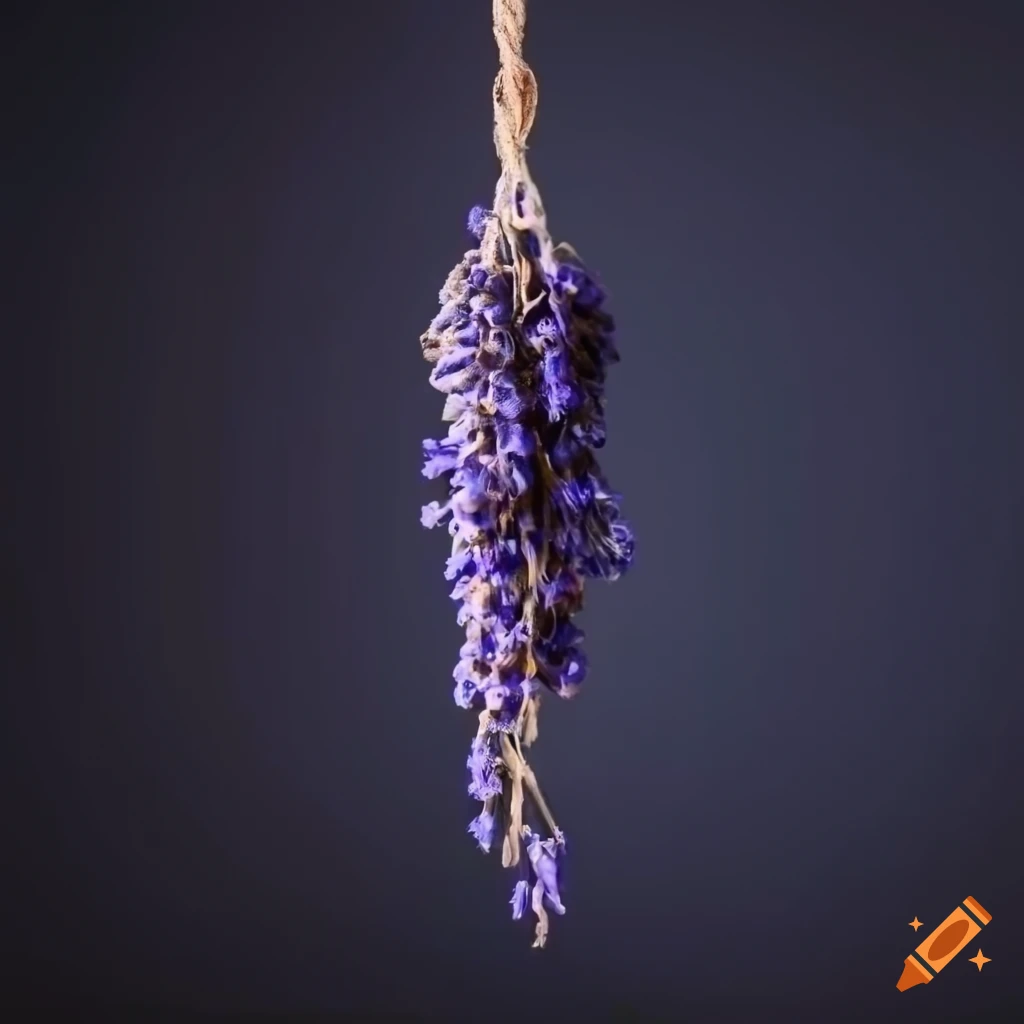 Dried lavender hanging on a rope with a black background