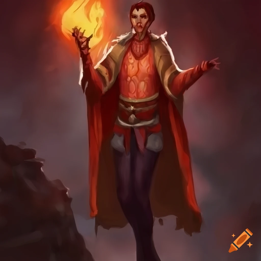 Fire Genasi sorcerer with red skin and tunic