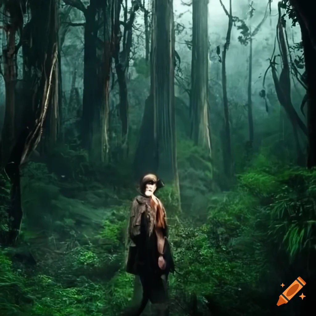Journalist woman with research equipment in a destroyed rainforest area