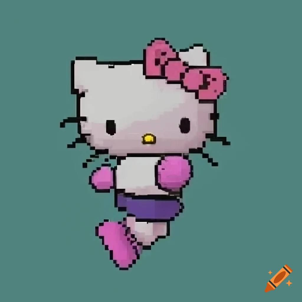 Pixel art of Asian Hello Kitty jumping in NES-inspired style