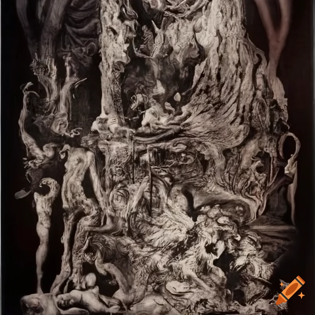 Baroque baron in a landscape inspired by various art styles depicting hell